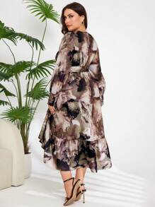 Modelyn Plus Marble Print Belted Long Sleeve Dress - Multicolor - View 2