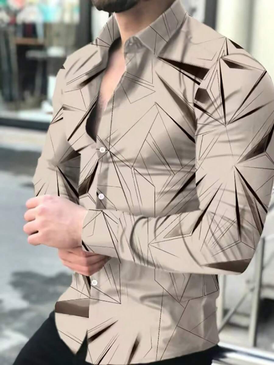 Manfinity AFTRDRK 男士修身纽扣印花正装衬衫，适合商务、通勤和休闲穿着，长袖，米色图案衬衫，几何印花男款，秋季 - 彩色 - 查看 1