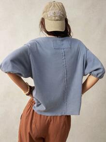 Bohemela Women's Solid Color Round Neck Drop Shoulder Short Sleeve Loose Casual T-Shirt For Vacation - Blue - View 1