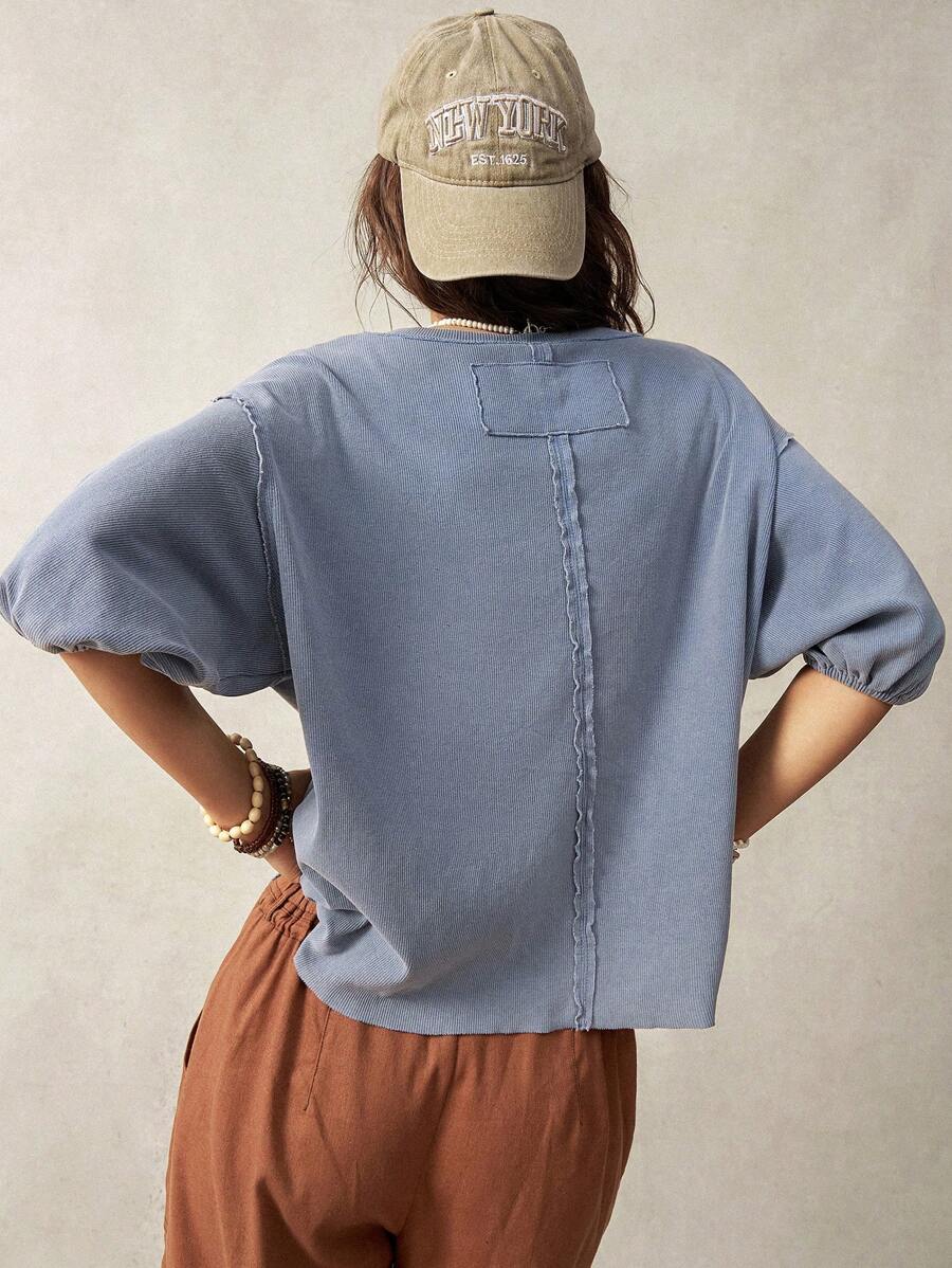 Bohemela Women's Solid Color Round Neck Drop Shoulder Short Sleeve Loose Casual T-Shirt For Vacation - Blue - View 1