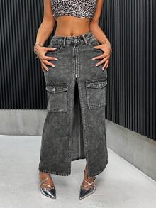 SHEIN ICON Women's Denim A-Line Skirt, Street Style Sexy Workwear Combination, Dark Grey - Dark Grey - View 5