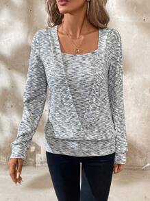 SHEIN Clasi 段染方领 返校秋季老款风格教师服装 法式万圣节秋季运动衫 - 灰色 - 查看 5