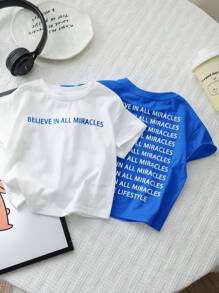 SHEIN 2 chiếc bé trai thể thao thông thường phong cách đường phố đi nghỉ mát in hình tiếng Anh áo thun ngắn tay cổ tròn thả dáng rộng rãi (1 xanh + 1 trắng), thích hợp mặc hàng ngày, đi học, du lịch, thể thao, Xuân/Hè - Màu xanh lam - Xem 3