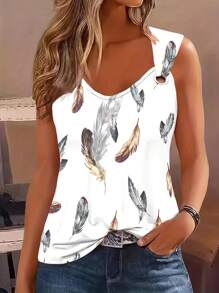 SHEIN LUNE Áo ba lỗ họa tiết lông vũ thường ngày cho mùa hè Áo phông họa tiết dành cho nữ - trắng - Xem 1