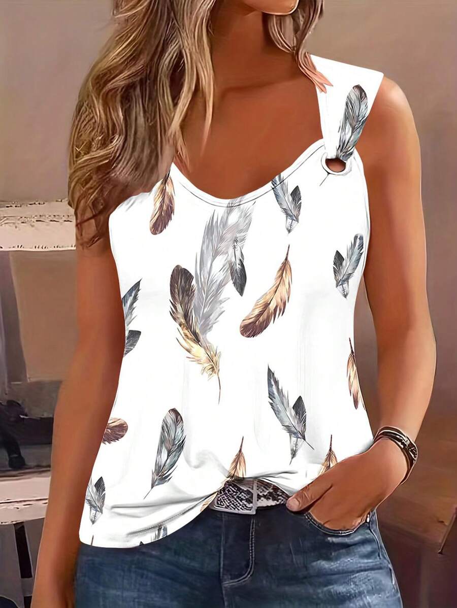 SHEIN LUNE Áo ba lỗ họa tiết lông vũ thường ngày cho mùa hè Áo phông họa tiết dành cho nữ - trắng - Xem 1