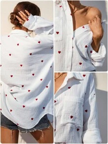 Cottnline Heart Embroidery Drop Shoulder Shirt