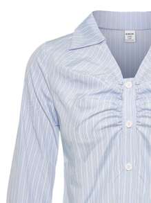 青少女休閒條紋襯衫，褶皺前設計與實用口袋裙套裝，適用於日常、上下班、休閒、街頭 - 淺藍色 - 查看 4