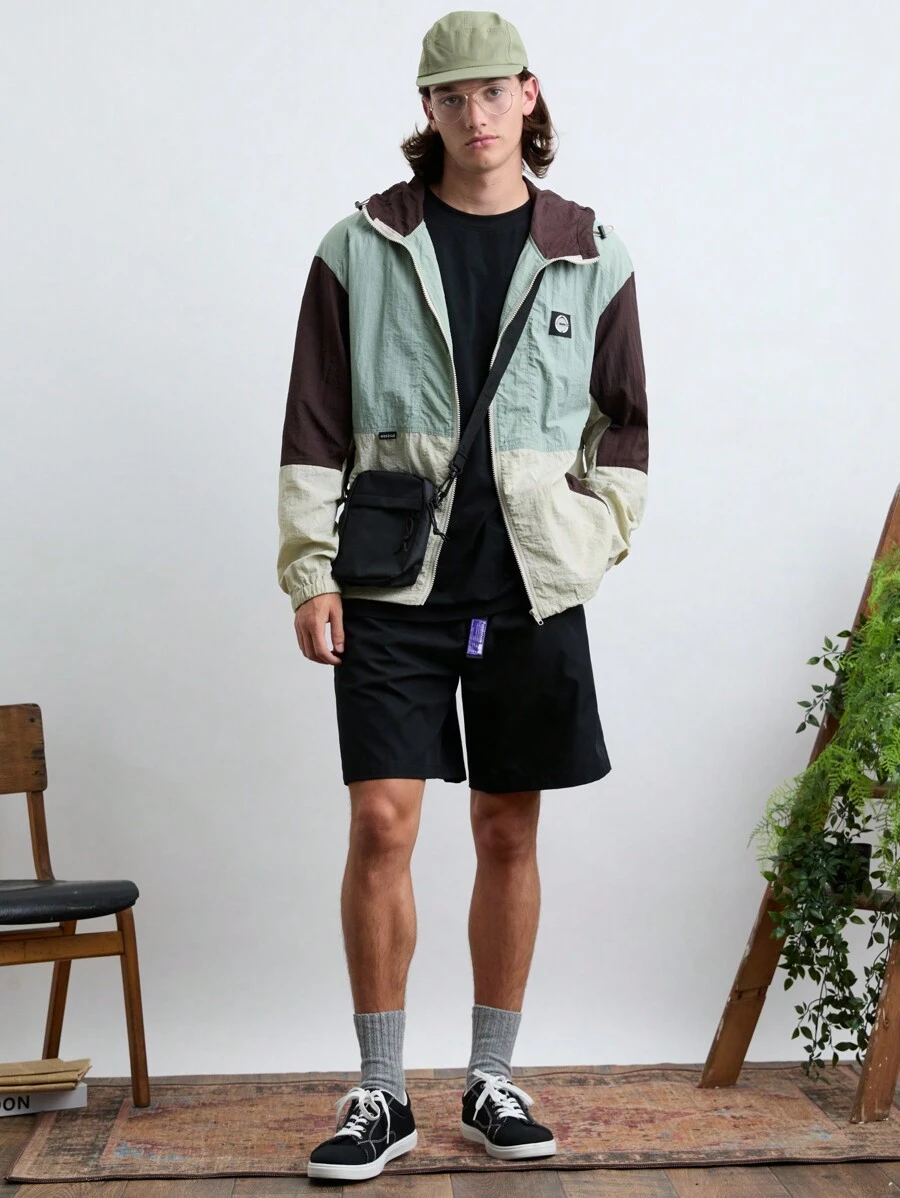 Manfinity RebelGame 男士時尚日常年輕休閒拼接寬鬆開襟外套，薄款 - 綠色 - 查看 1