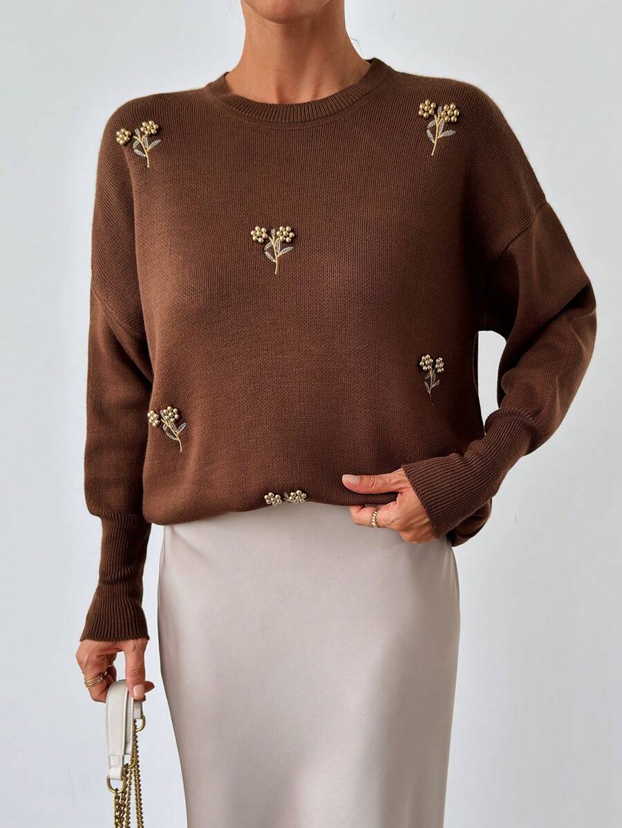 EURMUSE Women's Casual Knitted Sweater With Studs & Embroidery Decoration, Spring & Autumn - Brown - View 1