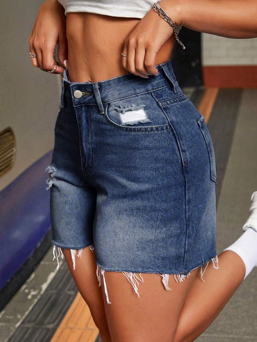 SHEIN PETITE Women's Button Pocket Belt Loop Ripped Streetwear Casual Denim Shorts - Dark Wash - View 1