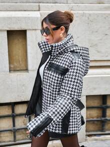 RueChic Houndstooth Pattern Puffer Coat With Zipper And 2 Pocket - Black and White - View 5