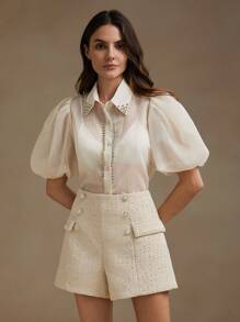 Anewsta Summer Heavy Duty Hand-Beaded And Diamond-Encrusted Puff Sleeve Apricot Blouse Women Shirt - Apricot - View 6