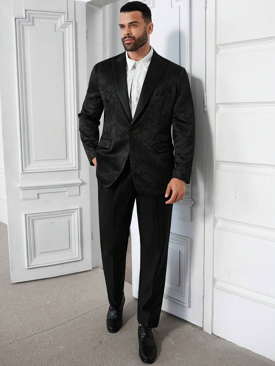 Manfinity Mode Men Plus Floral Jacquard Single Button Blazer & Pants - Black - View 1