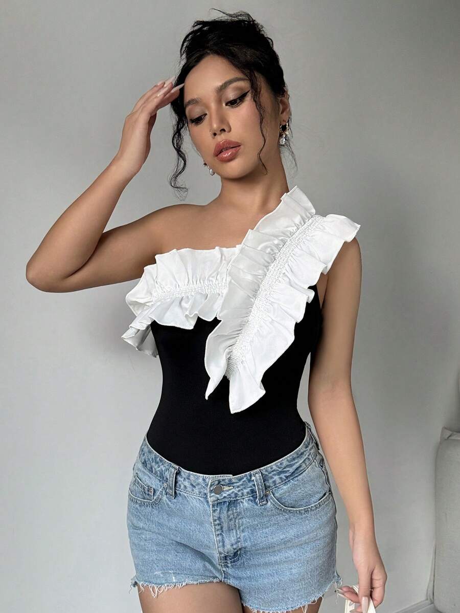 Chiquease Women's Asymmetrical Neckline Ruffle Trimmed Slimming Elegant Bodysuit - Black and White - View 1