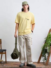 Manfinity VCAY Men's Knitted Fashionable & Casual Mountain Pattern Loose Short Sleeve T-Shirt, Daily Wear.Graphic T Shirt .Funny T Shirt. Yellow  T Shirt.Graphic Men T Shirt