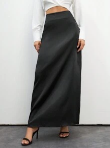 SHEIN Tall Women's Satin Long Skirt, Tall Women - Black - View 5