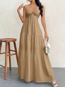 Firerie 女士雪紡露背長裙，長裙適用於度假、婚禮和節日 - 卡其色 - 查看 5