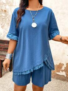 Plus Frill Asymmetrical Hem Top & Shorts For Summer - Blue - View 4