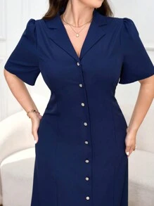 Modelyn 大码女式翻领前扣休闲衬衫裙长款女式长款晚礼服 - 藏蓝色 - 查看 6