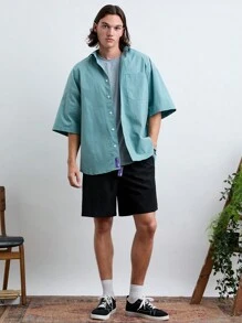 Manfinity VCAY Men's Fashionable Daily Young Casual Solid Color Loose Short Sleeve Shirt T-Shirt Shorts 3pcs/Set.Green  Basic Shirt  .Cargo Men Shirt.Grey  T Shirt - Mint Green - View 3