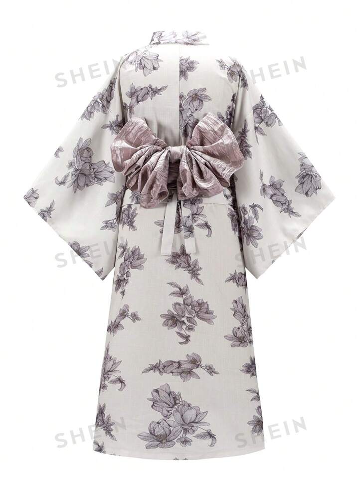 SHEIN Modely All Over Flower Print Spaghetti Strap Dress And Open Front Cover Up Kimono Yukata Robe Japanese Casual Kimono Without Belt Obi Easy