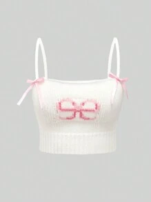 ROMWE Kawaii Top tejido sin mangas con lazo frontal para uso diario - Beis - Ver 1