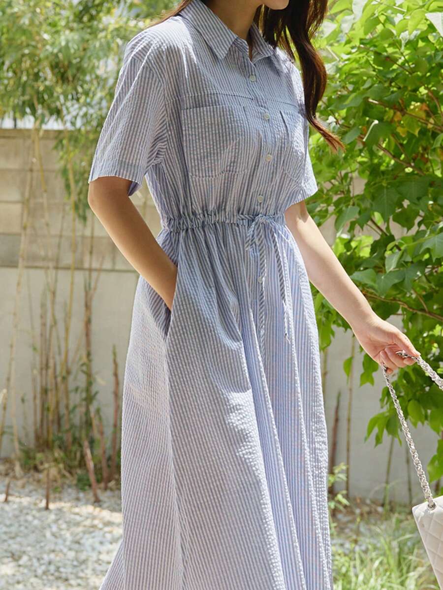 DAZY 女士短袖中长款收腰衬衫裙连衣裙，休闲女式连衣裙长裙 - 藍色 - 查看 1