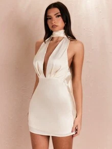 SHEIN BAE Plunging Neck Backless Satin Halter Short Dress - White - View 5