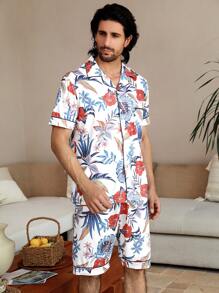 Manfinity ChillVibe Conjunto de ropa de hogar de verano para hombre con estampado floral de manga corta y pantalones cortos
