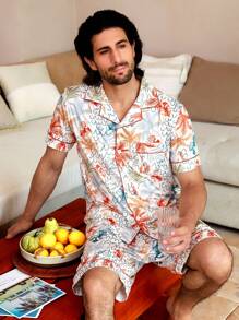 Manfinity ChillVibe Men's Floral Print Front Button Short Sleeve Shirt And Shorts Set, Casual Homewear For Summer