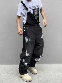 Manfinity Hypemode Overoles vaqueros con diseño rasgado, de moda y tendencia, de uso informal y para raperos, con presillas para cinturón, para salir