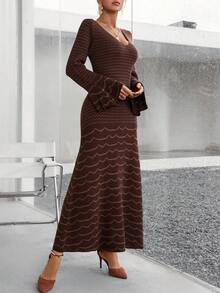条纹喇叭袖针织连衣裙，休闲春秋 - 咖啡棕 - 查看 6