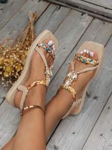 Dép màu be, Dép đế bệt nữ, Đế dệt, Nhẹ, chống trượt, Giày đi biển, Họa tiết dệt ngẫu nhiên, Dép mùa hè mũi vuông - Màu be - Xem 6