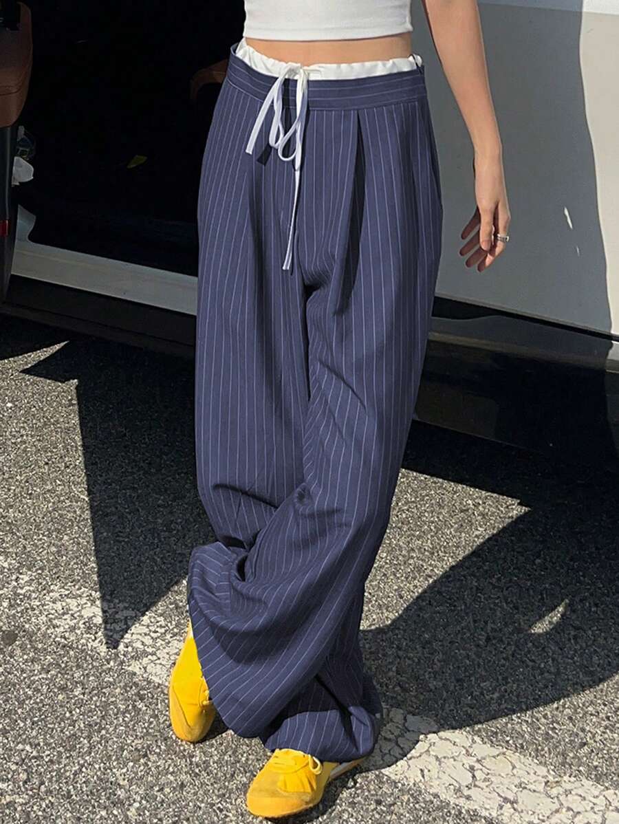 DAZY 女士撞色腰系带条纹宽松长裤，商务休闲 - 藏蓝色 - 查看 1