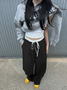 DAZY 女式拼色腰带条纹宽松裤，商务休闲秋季