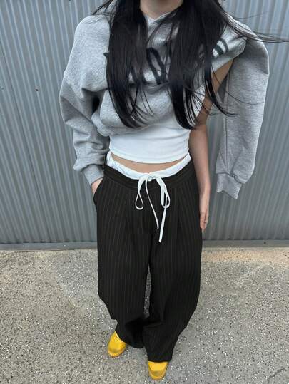 DAZY 女式拼色腰带条纹宽松裤，商务休闲秋季
