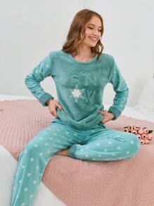 RueChic Star & Moon Print Raglan Sleeve Flannel PJ Set - Green - View 5