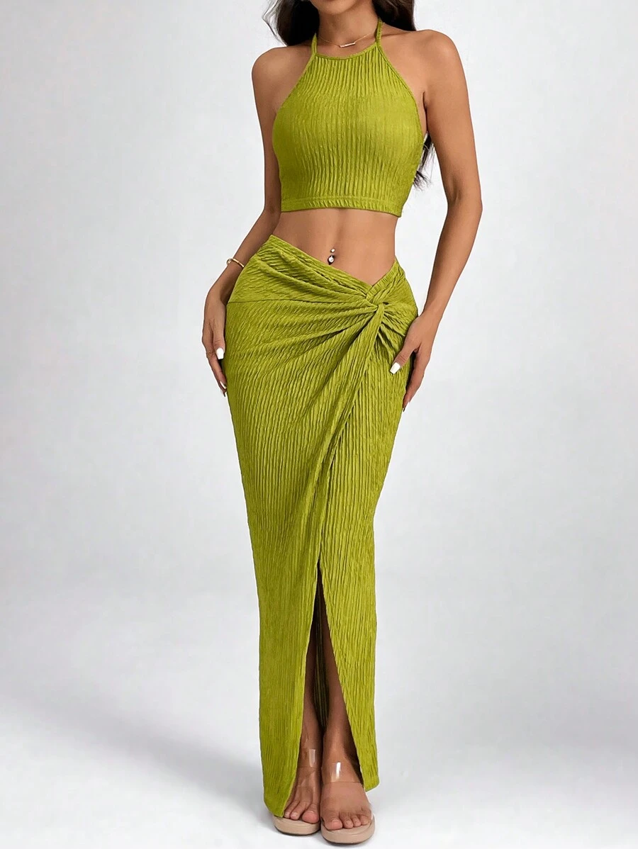 SHEIN PETITE Solid Crop Halter Top & Twist Front Split Thigh Skirt Two Pieces - Green - View 1
