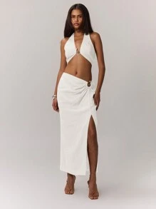 MUSERA 俱乐部性感亚麻质感串珠饰边露脐上衣，适合度假、伊比沙岛假日、海滩外出、夜店、优雅春夏节日 - 白色 - 查看 5