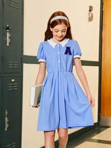 SHEIN Tween Girl Blue Colorblock Collar Button Front Dress With Letter Patchwork - Blue - View 3