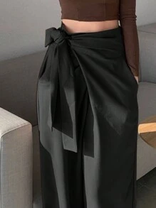 DAZY 女士纯色设计系带踝长裤，商务休闲 - 黑色 - 查看 4