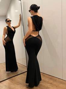 SHEIN ICON Y2k 修身性感网眼腰垂领露背连帽女式美人鱼黑色夏季优雅长款紧身连衣裙 - 黑色 - 查看 3