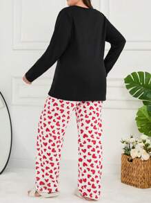 RueChic Cotton 2Pcs Plus Size Heart Print Long Sleeve Shirt And Long Bottom PJ Set - Black - View 2