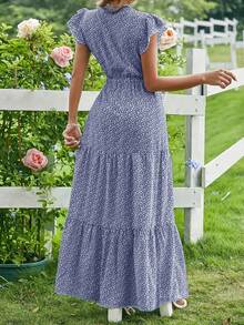 女士 V 领休闲度假花卉印花连衣裙