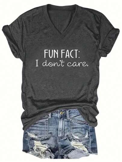 SHEIN EZwear CURVE Women's Plus Size Summer V-Neck Short Sleeve Casual T-Shirt With Slogan Print FUN FACT I Don't Care Graphic Tees Women Tops