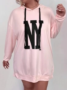 SHEIN LUNE Plus Size Letter Graphic Drop Shoulder Drawstring Sweatshirt Dress For Summer - Pink - View 5