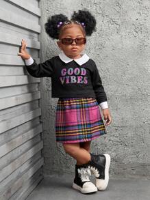 SHEIN Explorewe 2pcs Baby Girls' Cute Pink Plaid Woolen Outfit With Fun Print, Suitable For Casual Daily Wear In Autumn