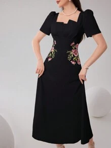 Modelyn Floral Embroidery Puff Sleeve Elegant Long Dress Long Evening Dresses