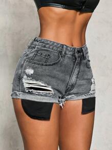SHEIN Slayr 女士破洞毛边牛仔短裤，适合夏季音乐节穿着 - 淺灰色 - 查看 6