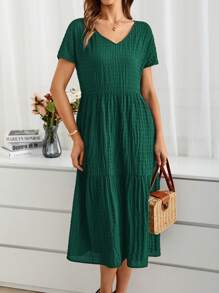 EMERY ROSE Summer Countryside Vacation V-Neck Short Sleeve Women's Dress - Dark Green - View 5